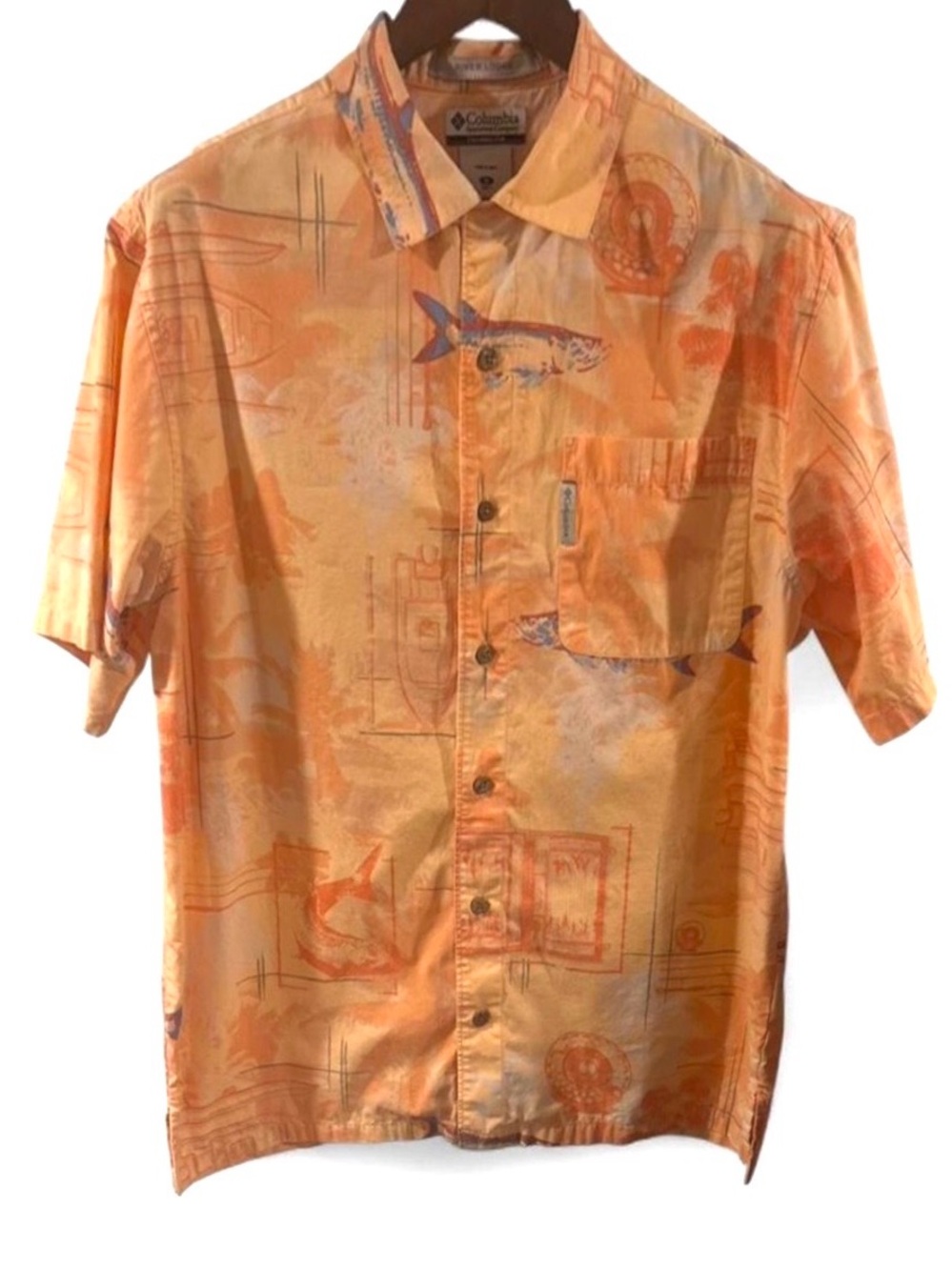 Columbia Orange Short Sleeve ‘Fishing on a Boat’ Button Shirt Size Men’s Medium